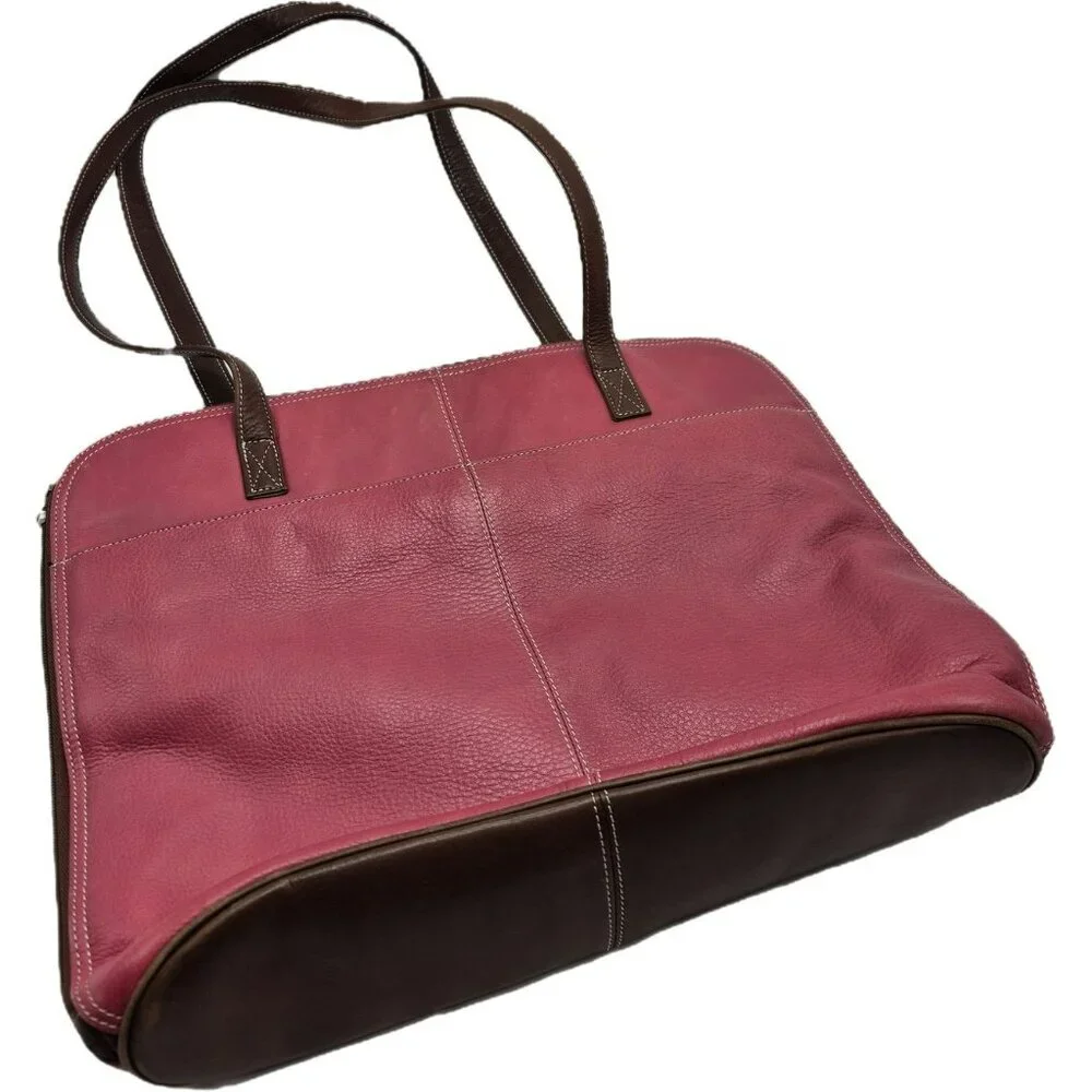 Wilsons Leather Pelke Studio Laptop Tote Bag Pink & Brown Shoulder Straps Work